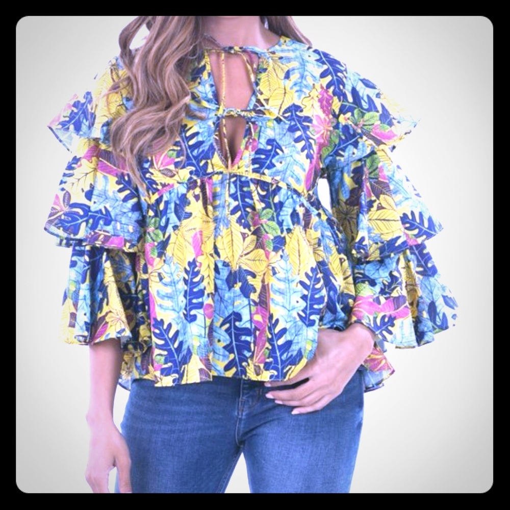 Yellow & Blue Leaf Ruffle Sleeve Empire Waist Top